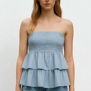 2/$15 Simply Southern Smocked Tiered Strapless Top Baby Blue Layered Size M